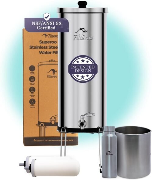 Countertop Gravity Water Filter System – 3.17 Gal/12L | 304 Stainless Steel | Gravity-Fed Water Purifier with 2 Fluoride & Chlorine Reduction Ceramic Cartridges | Also Removes Bacteria & Heavy Metals