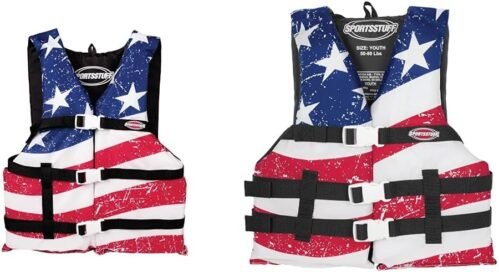 Sportstuff Type III Life Jacket US Coast Guard Approved Open Sides with 3 Body Belts & Buckles Quick Dry Fabric, Secure Fit, Comfortable Stars & Stripes