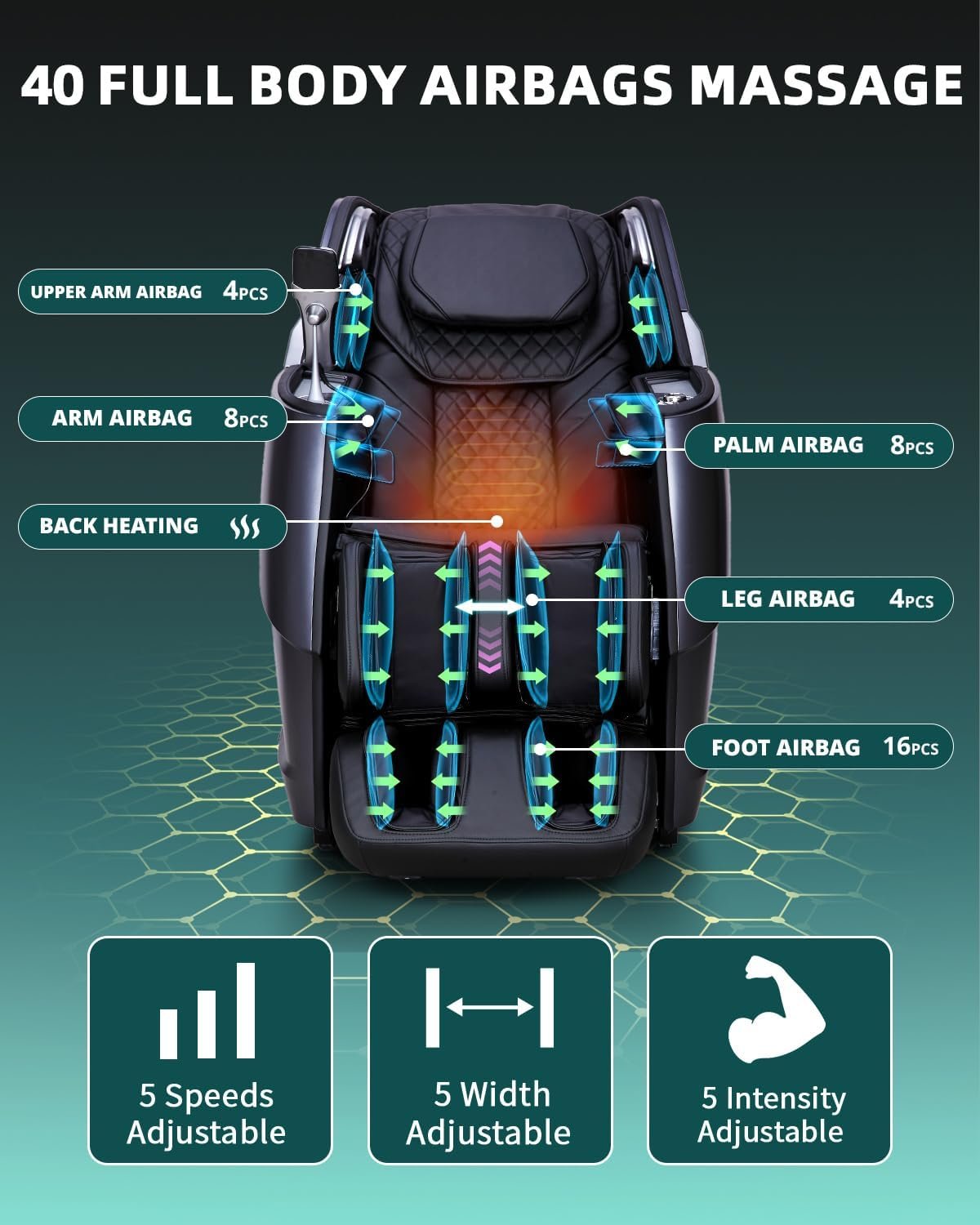 Massage Chair Full Body, 4D Zero Gravity Massage Chairs, 20 Auto Modes, 11 Massage Technique, 40 Airbags Shiatsu Massage, APP Control with HiFi Bluetooth Speaker Black - Image 6