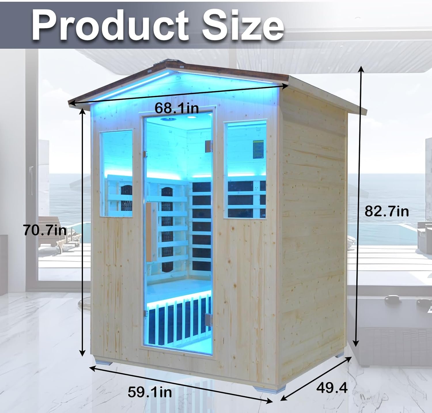 Outdoor Infrared Sauna 4 Person, Spruce Wooden Large Sauna 2600W 240V Heaters Panels With Lcd Display Control Multi Color Light Strip Bluetooth Speaker Oxygen Bar(59.06*47.24*81.89 inch Spruce) - Image 2