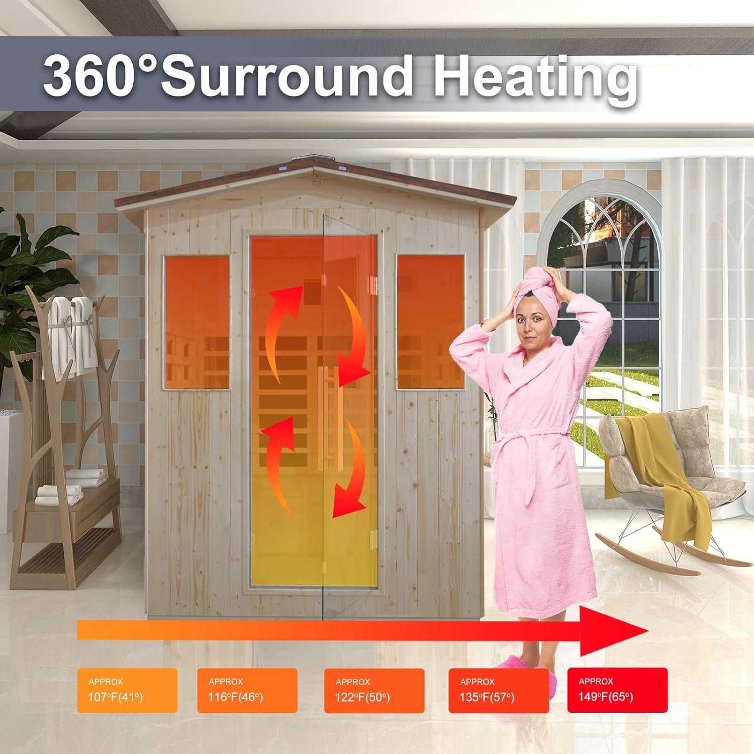 Outdoor Infrared Sauna 4 Person, Spruce Wooden Large Sauna 2600W 240V Heaters Panels With Lcd Display Control Multi Color Light Strip Bluetooth Speaker Oxygen Bar(59.06*47.24*81.89 inch Spruce) - Image 5