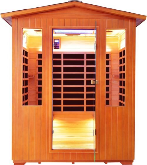 Outdoor 4 Person Sauna Far Infrared Saunas Dry Sauna Room Red Cedar and Canadian Hemlock Wood Wooden Sauna Spa 2600W 240V with 7 Color Light 62.2 * 46.8 * 81.9 inches