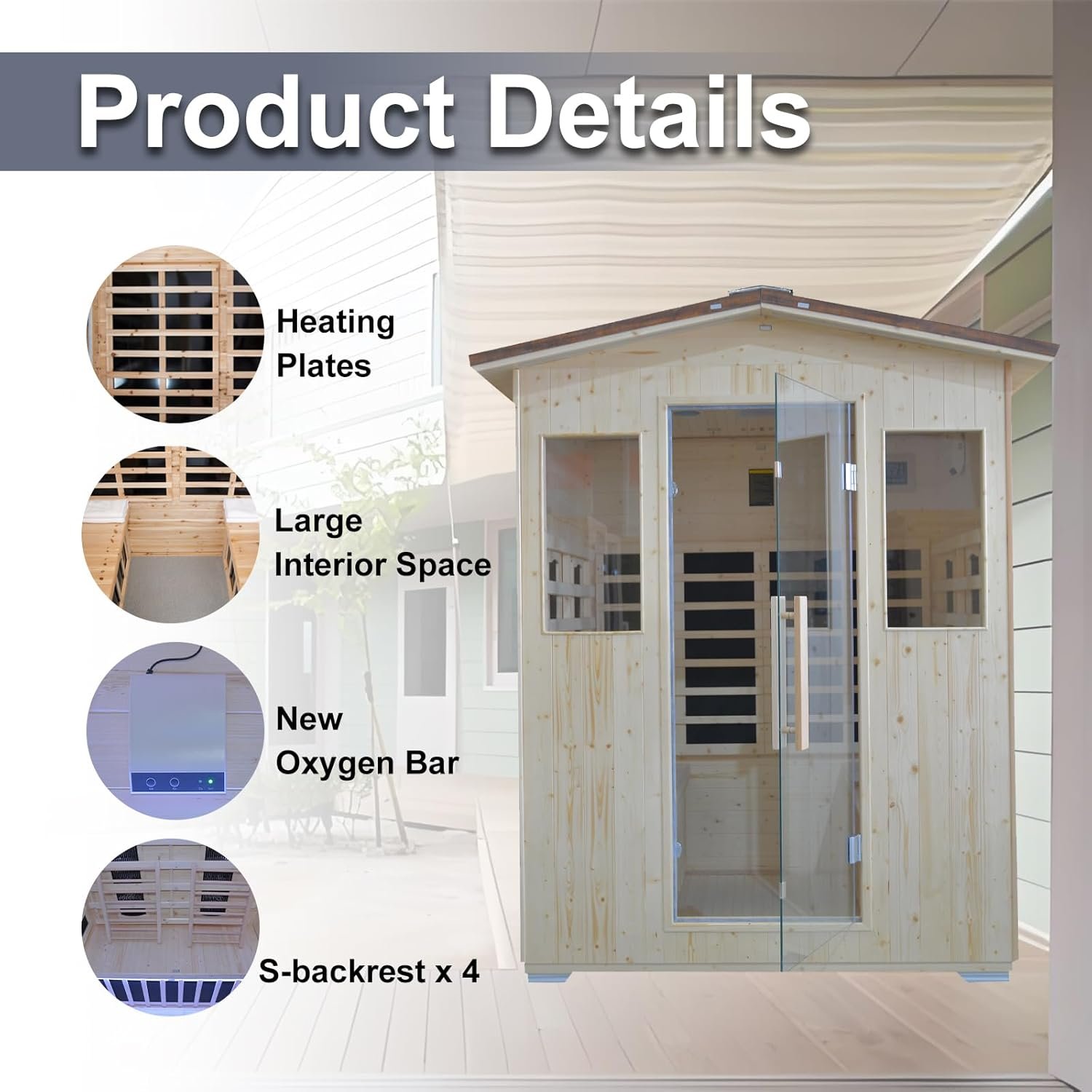 Outdoor Infrared Sauna 4 Person, Spruce Wooden Large Sauna 2600W 240V Heaters Panels With Lcd Display Control Multi Color Light Strip Bluetooth Speaker Oxygen Bar(59.06*47.24*81.89 inch Spruce) - Image 3