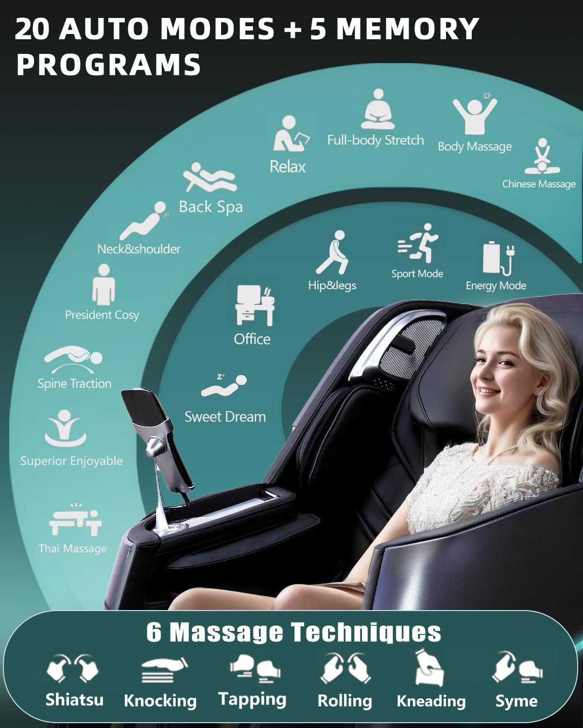 Massage Chair Full Body, 4D Zero Gravity Massage Chairs, 20 Auto Modes, 11 Massage Technique, 40 Airbags Shiatsu Massage, APP Control with HiFi Bluetooth Speaker Black - Image 2
