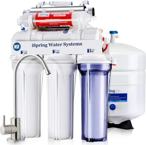 iSpring RCC7AK-UV, NSF Certified, 7-Stage Under Sink Reverse Osmosis Water Filtration System with Alkaline Remineralization and UV Filter, Patented Top-Mounted Faucet Design for Easy Installation