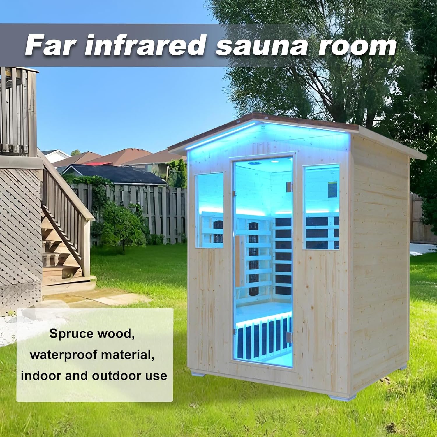Outdoor Infrared Sauna 4 Person, Spruce Wooden Large Sauna 2600W 240V Heaters Panels With Lcd Display Control Multi Color Light Strip Bluetooth Speaker Oxygen Bar(59.06*47.24*81.89 inch Spruce) - Image 7